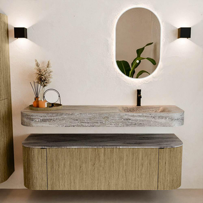 MONDIAZ THOR-DLUX 150cm meuble de salle de bains arrondi gauche + droite couleur Dusk avec 1 tiroir et 2 portes. Vasque suspendue CLOUD droite 1 trou de robinet couleur Oza.