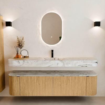 MONDIAZ THOR-DLUX 180cm meuble de salle de bains arrondi gauche + droite couleur Oak avec 2 tiroirs et 2 portes. Vasque suspendue CLOUD Milieu 1 trou de robinet couleur Glace.