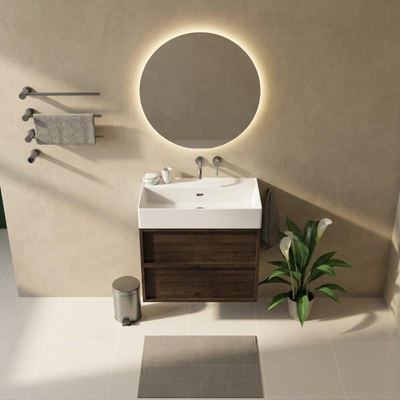 Saniclass Holz Frame Ensemble de meubles de salle de bains - 80x45x72cm - Legend lavabo en céramique blanc - 1 vasque - sans trou de robinet - 2 tiroirs - chêne charcoal mat (bois)
