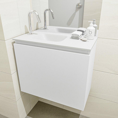 MONDIAZ OLAN Toiletmeubel 60x30x40cm met 1 kraangaten 1 lades talc mat Wastafel Lex links Solid Surface Wit