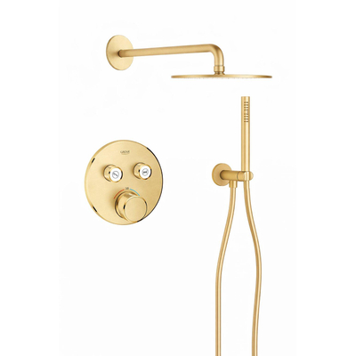 Grohe - Adema Rise Ensemble de douche pluie - rond - coude mural avec support de douchette - flexible de douche lisse - douchette à main - bras mural - douchette principale 25 cm - thermostat encastré Grohe SmartControl - finition brushed cool sunrise