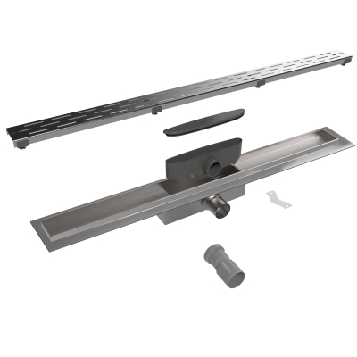 Easy Drain Compact 30 caniveau de douche inox avec plaque simple inox, flasque inox standard, siphon 30mm, 80cm, profondeur d'encastrement 63mm avec sortie latérale.