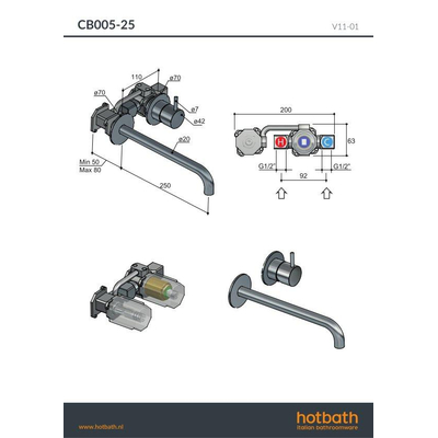 Hotbath Cobber robinet mitigeur encastré pour lavabo avec bec 25 cm laiton brossé (or) PVD