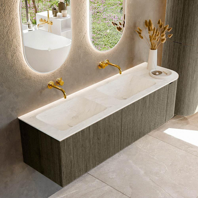 Mondiaz KURVE-DLUX Ensemble de meuble de salle de bains - 155x46x40cm - 2 tiroirs - 1 porte - lavabo solid surface - double / gauche - sans trou de robinet - Shadow