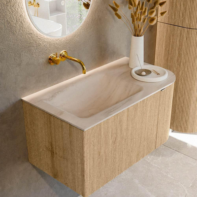 MONDIAZ KURVE-DLUX Meuble de salle de bains 85 cm arrondi à droite couleur Chêne avec 1 tiroir et 1 porte. Lavabo CLOUD à gauche sans trou de robinet Meli.