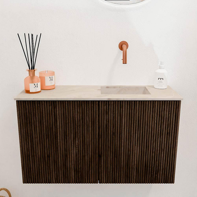 Mondiaz JOYA-DLUX 70cm toiletmeubel - kleur Walnut - Wastafel FAYE positie Rechts Zonder kraangat kleur Frappe.