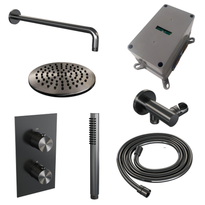 Brauer Gunmetal Carving Ensemble de douche pluie encastré - douche principale 20cm - bouton Carving - douchette à main barre 1 fonction - PVD - gunmetal brossé
