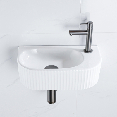 Fugaflow Efficiente Ensemble Fontaine Pietra - 40x21,5x12 cm - droite - rainurée - demi-ronde - 1 trou de robinet - céramique - robinet de fontaine gunmetal - bouchon de vidange - siphon abaissé - blanc brillant