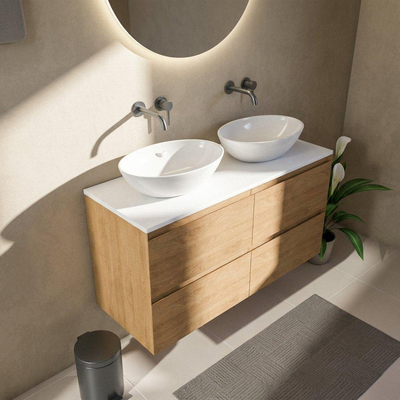 Saniclass Holz Pure Ensemble meuble de salle de bains - 120x45x62.5cm - plan de travail Torino en solid surface blanc - sans trou de robinet - 4 tiroirs - chêne natural mat (bois)