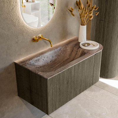 MONDIAZ KURVE-DLUX Meuble de salle de bains 95cm arrondi à droite couleur Shadow avec 1 tiroir et 1 porte. Lavabo BIG SMALL à gauche sans trou de robinet Oza.