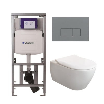 Villeroy & Boch Subway 2.0 DirectFlush CeramicPlus Toiletset - slimseat zitting - Geberit reservoir - bedieningsplaat met bedieningsplaat licht grijs - rechthoekige knoppene - wit