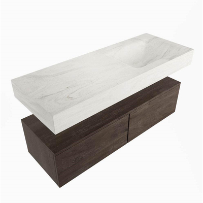 Mondiaz ALAN - DLUX ensemble de meuble de salle de bain - 120cm - meuble sous-vasque - Marron foncé - 2 tiroirs - lavabo suspendu cloud - évier à droite - sans trous de robinet - Ostra