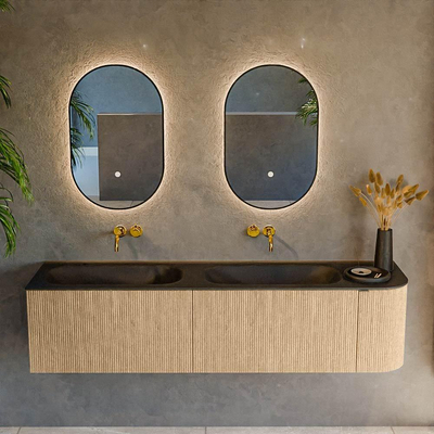 MONDIAZ KURVE 175cm meuble de salle de bains avec module 25 R couleur chêne avec 2 tiroirs et 1 porte. Lavabo BIG SMALL double / gauche sans trou de robinet Urban.