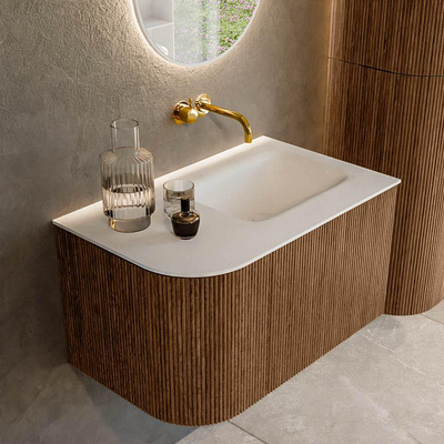 MONDIAZ KURVE 75cm Meuble salle de bain avec module 25 G - couleur Walnut - 1 tiroir - 1 porte - vasque GRUNNE droite - sans trous de robinet - Talc