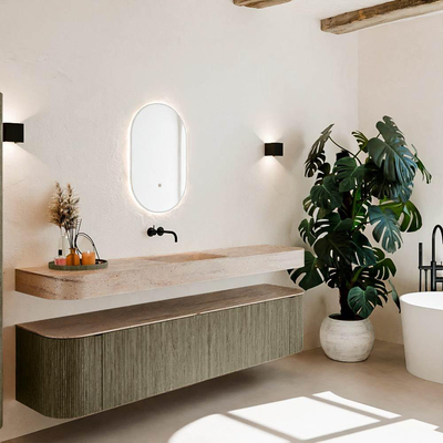 MONDIAZ THOR-DLUX 200cm meuble de salle de bains arrondi gauche + droite couleur Shadow avec 2 tiroirs et 2 portes. Vasque suspendue CLOUD Milieu sans trou de robinet couleur Saba.