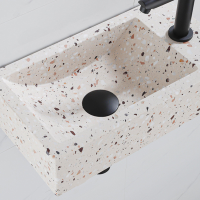 FugaFlow Eccelente Pietra Ensemble fontaine - 40x22x10cm - trou de robinet à droite - robinet de fontaine noir mat - bouchon de vidange - siphon abaissé - beige mat