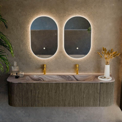 MONDIAZ KURVE-DLUX Meuble de salle de bains 170cm arrondi Gauche + Droite couleur Shadow avec 1 tiroir et 2 portes. Vasque BIG LARGE Central 2 trous de robinet Sombra.