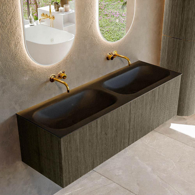 Ensemble de meuble de salle de bain Mondiaz KURVE - 140x46x40cm - 2 tiroirs - lavabo en solid surface - double - sans trou de robinet - Shadow