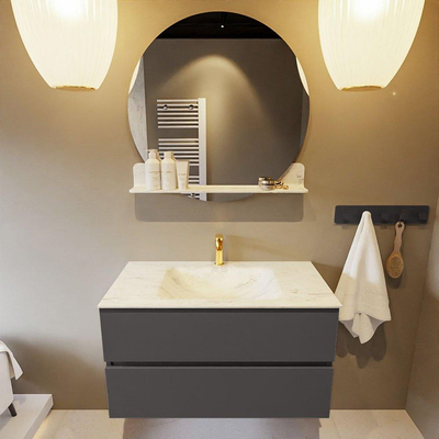 Mondiaz VICA-DLUX ensemble de meuble de salle de bain - 90cm - meuble sous-vasque gris foncé - 2 tiroirs - lavabo encastré nuage milieu - 1 trou de robinet - version haute de 60cm - opalo