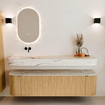 MONDIAZ THOR-DLUX 170cm badmeubel ronding links + rechts kleur Oak met 1 lade en 2 deuren. Vrijhangende wastafel CLOUD Links zonder kraangat kleur Nata.