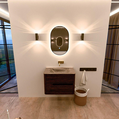 Mondiaz CIRO-DLUX Meuble de salle de bains - 70x45x50cm - Plan vasque solid surface Sombra - 1 lavabo au milieu - sans trous de robinetterie - 2 tiroirs - Noyer