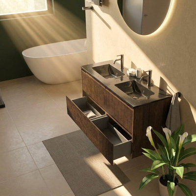 Saniclass Holz Atelier Ensemble de meubles de salle de bains - 120x45x62cm - Lavabo Vygo en céramique noir - 2 vasques - 2 trous de robinet - 2 tiroirs - chêne charcoal mat (bois)