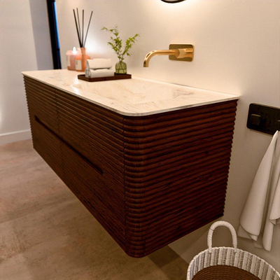 Mondiaz CIRO-DLUX Badkamermeubelset - 130x45x50cm - Solid surface wastafel Ostra - 1 wasbak Rechts - zonder kraangaten - 4 lades - Ruby