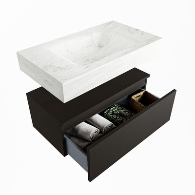 Mondiaz ALAN-DLUX Ensemble de meuble - 80cm - meuble Urban mat - 1 tiroir - Lavabo Cloud Opalo suspendu - vasque Centre - 1 trou de robinet
