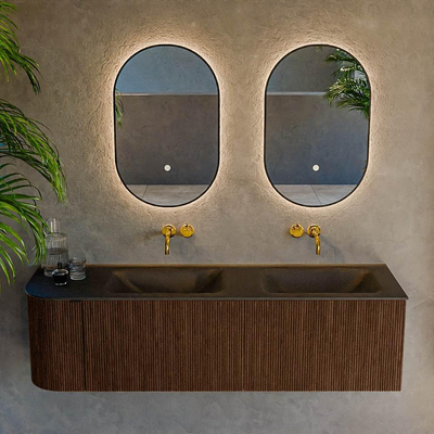 MONDIAZ KURVE 155cm badmeubel met module 25 L kleur Walnut met 2 lades en 1 deur. Wastafel CLOUD dubbel / rechts zonder kraangat Urban.