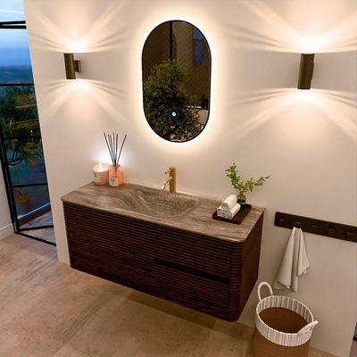 Mondiaz CIRO-DLUX Badkamermeubelset - 120x45x50cm - Solid surface wastafel Oza - 1 wasbak Midden - 1 kraangat - 2 lades - Walnut