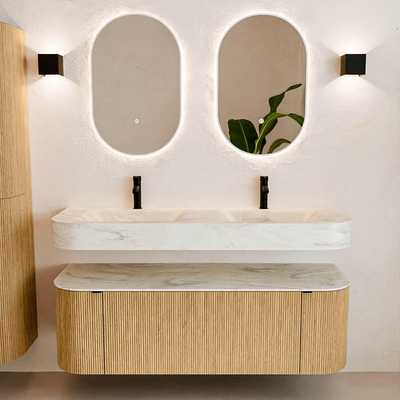 MONDIAZ THOR-DLUX 140cm badmeubel ronding links + rechts kleur Oak met 1 lade en 2 deuren. Vrijhangende wastafel CLOUD Dubbel 2 kraangaten kleur Ostra.