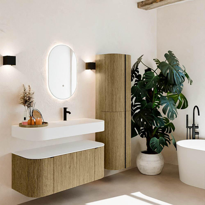 MONDIAZ THOR 110cm meuble de salle de bains arrondi gauche + droite couleur Dusk avec 1 tiroir et 2 portes. Vasque suspendue CLOUD droite 1 trou de robinet couleur Talc.