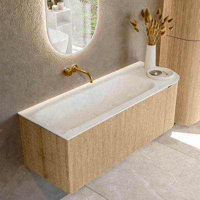 MONDIAZ KURVE-DLUX Meuble de salle de bains 125 cm avec module 25 R couleur Oak avec 1 tiroir et 1 porte. Lavabo BIG MEDIUM gauche sans trou de robinet couleur Opalo.