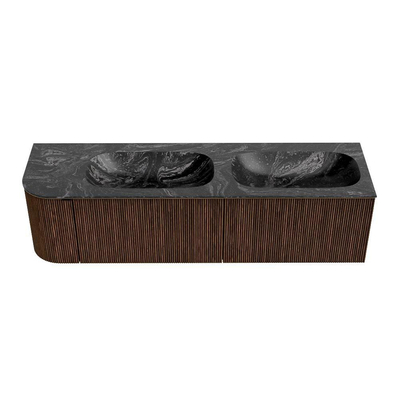 MONDIAZ KURVE-DLUX meuble de salle de bains 165 cm avec module 25 L couleur Walnut avec 2 tiroirs et 1 porte. Lavabo STOR SMALL double / à droite sans trou de robinet couleur Lava.