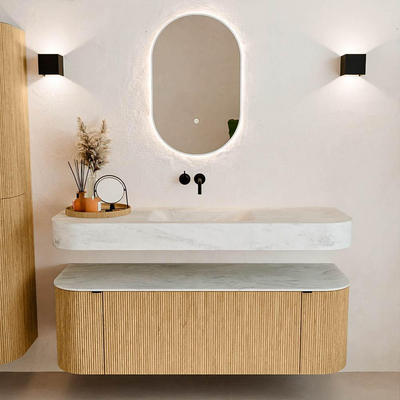MONDIAZ THOR-DLUX 140cm badmeubel ronding links + rechts kleur Oak met 1 lade en 2 deuren. Vrijhangende wastafel CLOUD Midden zonder kraangat kleur Opalo.