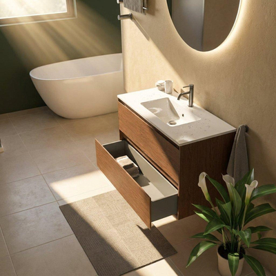 Saniclass Holz Pure Ensemble de meubles de salle de bains - 100x45x62cm - Lavabo Vygo en céramique blanc - 1 vasque - 1 trou de robinetterie - 2 tiroirs - walnut pure mat (bois)
