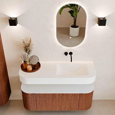 MONDIAZ THOR 120cm meuble de salle de bains arrondi gauche + droite couleur Ruby avec 1 tiroir et 2 portes. Vasque suspendue CLOUD droite sans trou de robinet couleur Talc.