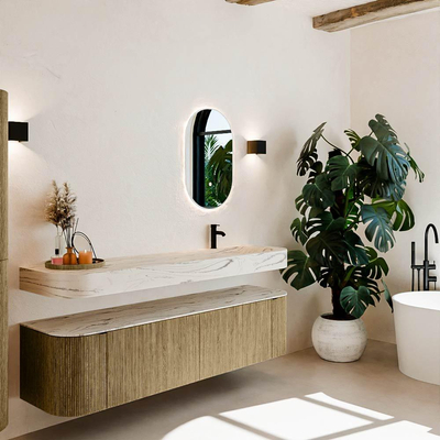 MONDIAZ THOR-DLUX 180cm meuble de salle de bains arrondi gauche + droite couleur Dusk avec 2 tiroirs et 2 portes. Vasque suspendue CLOUD Droite 1 trou de robinet couleur Nata.