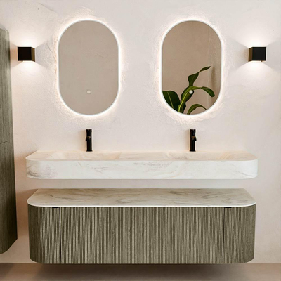 MONDIAZ THOR-DLUX 160cm meuble de salle de bains arrondi gauche + droite couleur Shadow avec 1 tiroir et 2 portes. Vasque suspendue CLOUD Double 2 trous de robinet couleur Ostra.