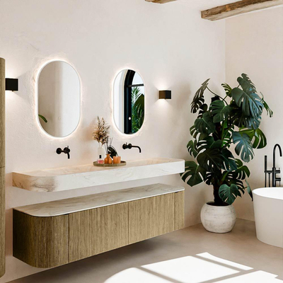 MONDIAZ THOR-DLUX Meuble de salle de bains - 180cm - arrondi gauche + droite - couleur Dusk - 2 tiroirs et 2 portes - Vasque suspendue CLOUD Double sans trou de robinet - couleur Ostra