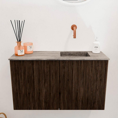 Mondiaz JOYA-DLUX 70cm toiletmeubel - kleur Walnut - Wastafel FAYE positie Rechts Zonder kraangat kleur Oza.