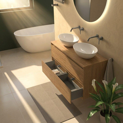 Saniclass Holz Pure Ensemble meuble de salle de bains - 120x45x62cm - plan de travail en bois - sans trou de robinet - 4 tiroirs - chêne natural mat (bois)