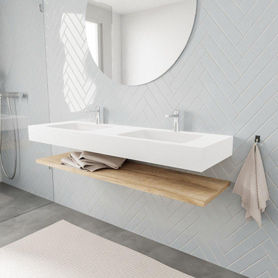 MONDIAZ ALAN 150cm - Ensemble meuble de salle de bains - tablette - chêne blanchi - lavabo suspendu - 2 vasques - 2 trous de robinet - talc