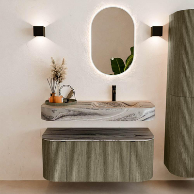 MONDIAZ THOR-DLUX 110cm badmeubel ronding links + rechts kleur Shadow met 1 lade en 2 deuren. Vrijhangende wastafel CLOUD Rechts 1 kraangat kleur Sombra.