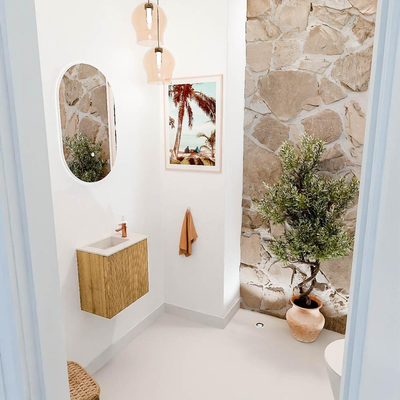 Mondiaz JOYA-DLUX 40cm toiletmeubel - kleur Oak - Wastafel FAYE positie Links 1 kraangat kleur Meli.