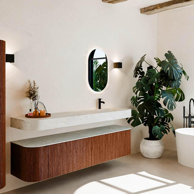 MONDIAZ THOR-DLUX Meuble de salle de bains 190cm arrondi gauche + droite couleur Ruby avec 2 tiroirs et 2 portes. Vasque suspendue CLOUD Droite 1 trou de robinet couleur Opalo.