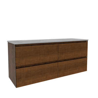 Saniclass Holz Atelier Meuble de salle de bain - 140x45x60cm - lavabo en céramique blanc - 2 vasques - sans trous de robinet - 4 tiroirs - Walnut pure