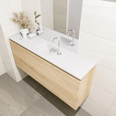 Mondiaz OLAN Meuble lave-mains 120x30x40cm 1 trou de robinet 1 tiroir Washed oak mat avec lavabo LEX Centre Solid Surface Blanc