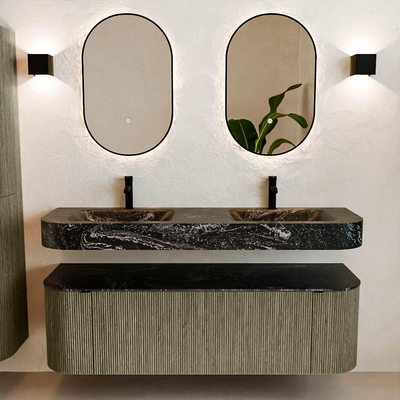 MONDIAZ THOR-DLUX 150cm meuble de salle de bains arrondi gauche + droite couleur Shadow avec 1 tiroir et 2 portes. Vasque suspendue CLOUD Double 2 trous de robinet couleur Lava.