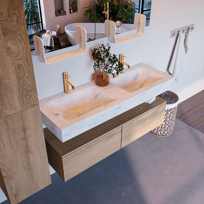 MONDIAZ ALAN - DLUX Badkamermeubelset - 130cm - onderkast - Washed Oak - 2 lades - vrijhangende wastafel - 2 wasbakken - 2 kraangaten - Opalo